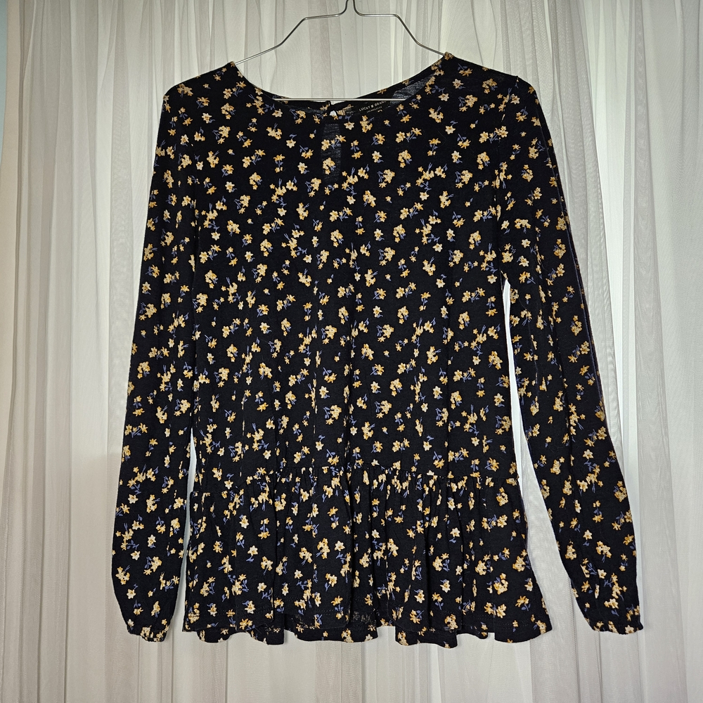 Lucky Brand Black and Pink Ruffled Long Sleeve Blouse